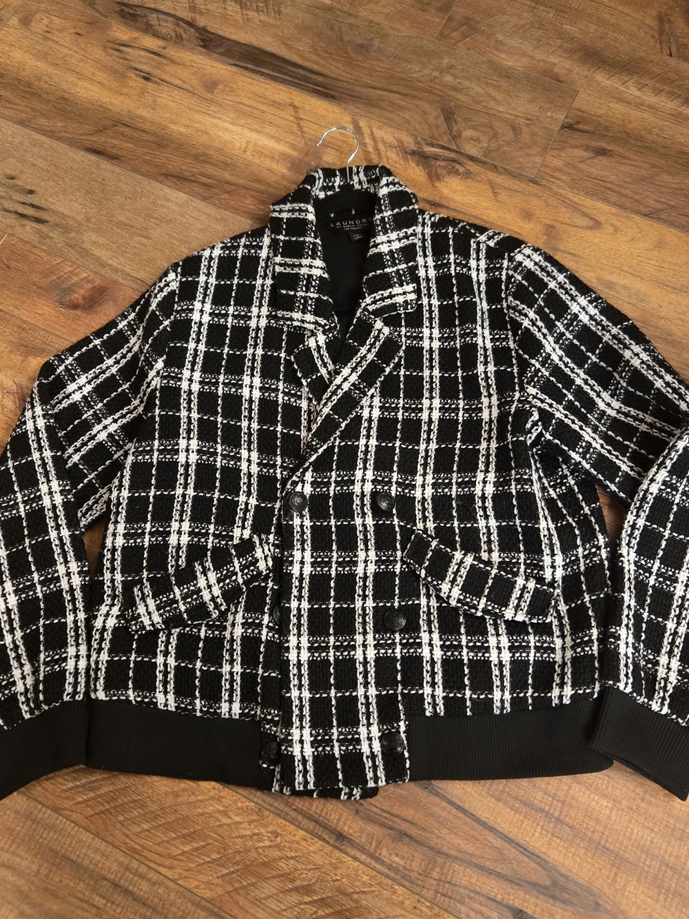 Laundry By Shelli Segal Black and White Plaid Tweed Jacket